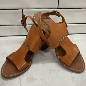 Barbara Barbieri Brown Tan Leather Sling Back Stacked Wood Block Heels Open Toe